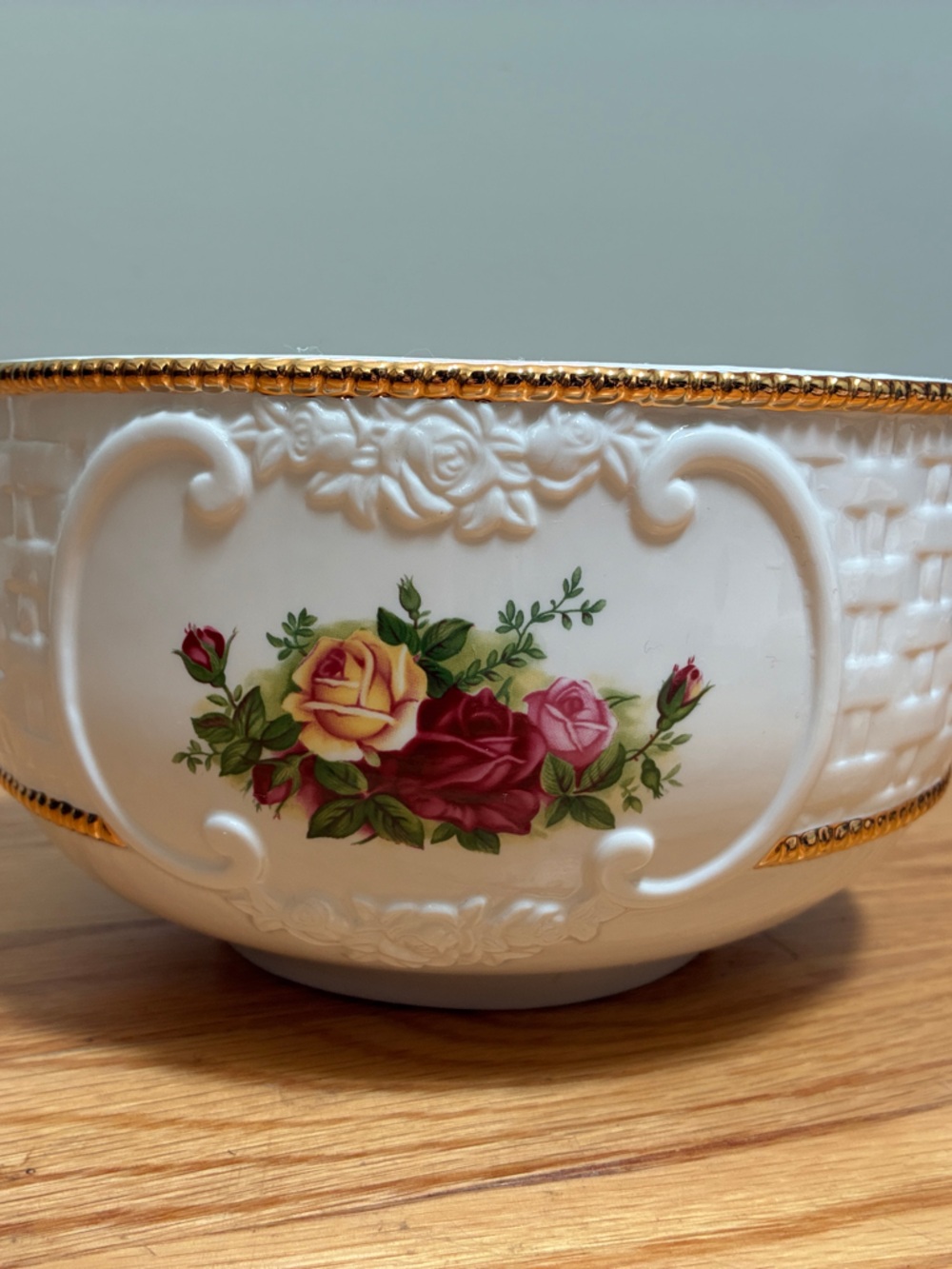 Royal Albert White Bowl with Pink and Yellow Rose Motif and Gold Accent